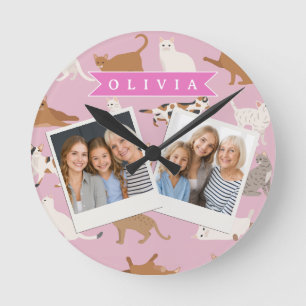 Personalisiertes süßes rosa Katzenmuster-Geschenk  Runde Wanduhr