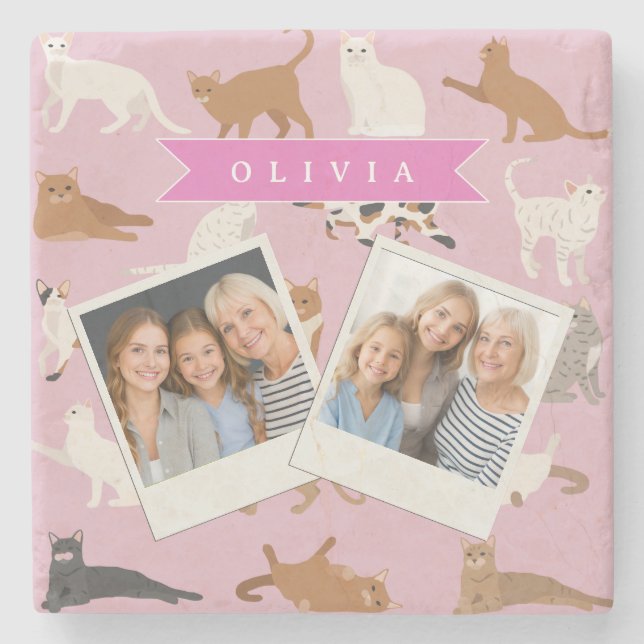 Personalisiertes süßes rosa Katzenmuster-Geschenk  Steinuntersetzer (Vorderseite)