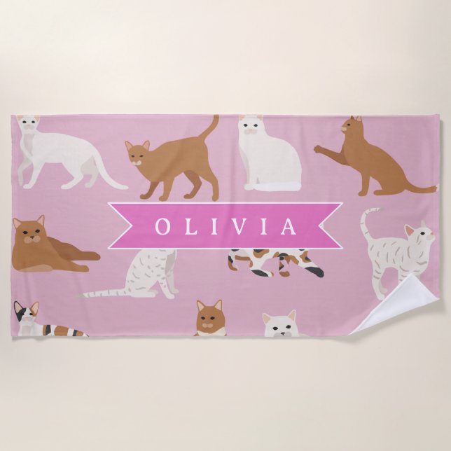 Personalisiertes süßes rosa Katzenmuster Geschenk  Strandtuch (Vorderseite)