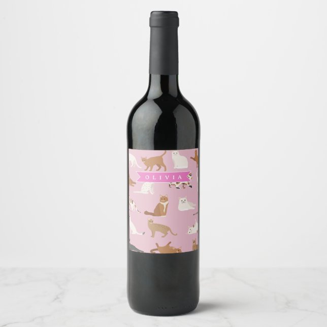 Personalisiertes süßes rosa Katzenmuster-Geschenk  Weinetikett (Vorderseite)