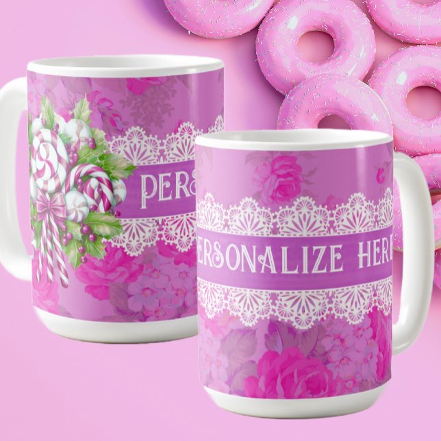 Personalisiertes süßes Rosa und Lila Weihnachten Kaffeetasse (Personalize this mug with a loved one's name!)