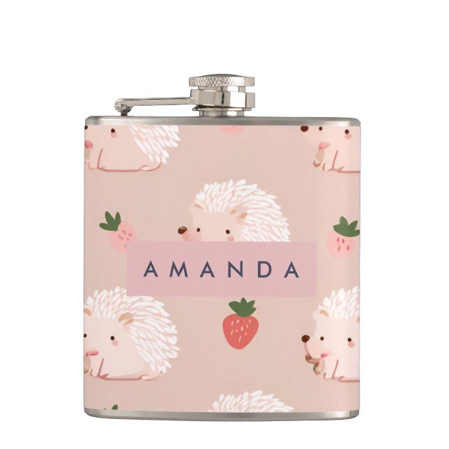 Personalisiertes Sweet Igel & Strawberry Muster Flachmann (Vorderseite)