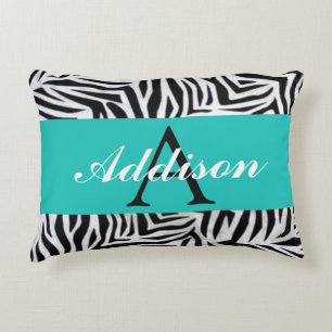 Personalisiertes Teal Blau und Zebradruck Zierkissen