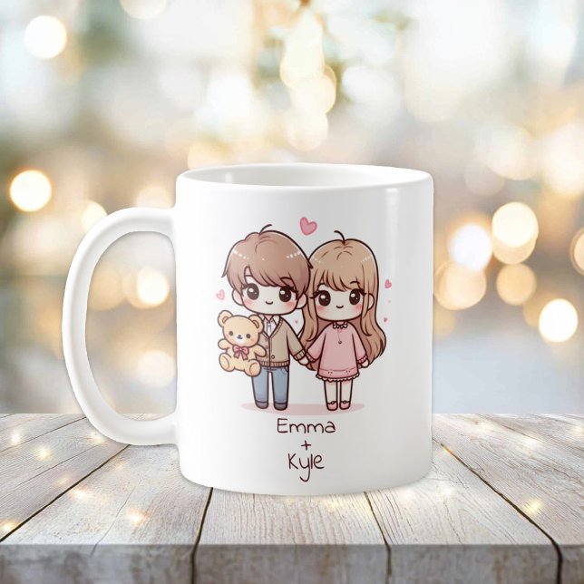 Personalisiertes Teddy-Bären-Paar im Chibi-Stil Kaffeetasse (Personalized Chibi-Style Teddy Bear Couple Mug)
