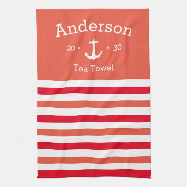 Personalisiertes Teetuch - gestreiftes O/Red Nauti Geschirrtuch (Vertikal)