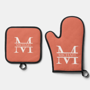 Personalisiertes Terracotta Monogramm und Name Ofenhandschuh & Topflappen-Set