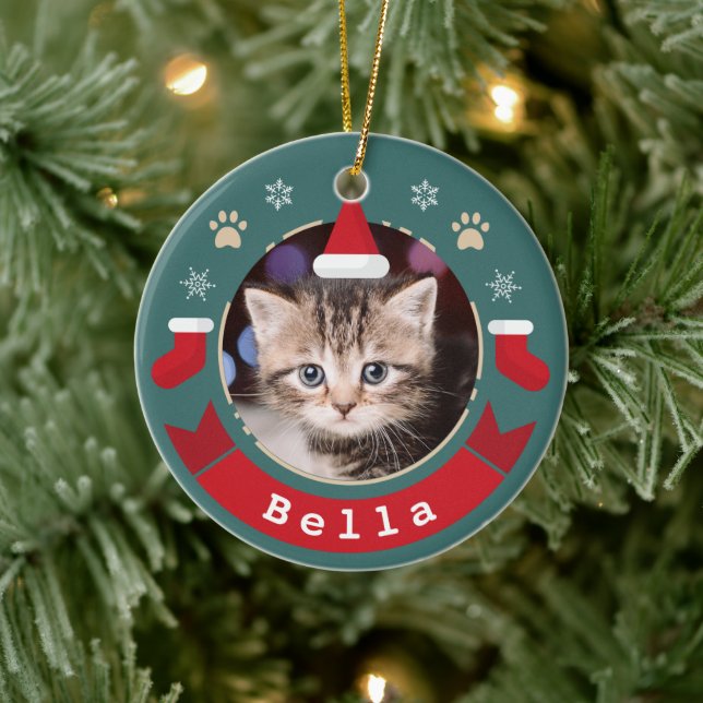 Personalisiertes Tier Katze Foto Meowy Weihnachtsf Keramik Ornament (Baum)