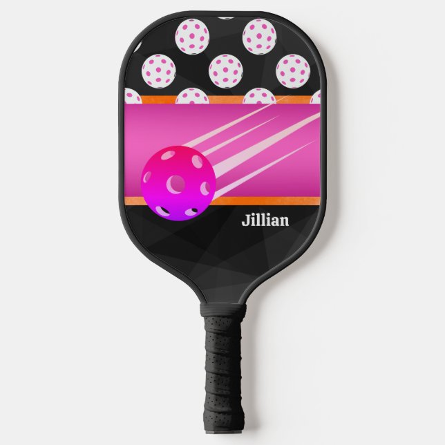 Personalisiertes Trendschwarz mit Hot Pink & Orang Pickleball Schläger (Vorderseite)