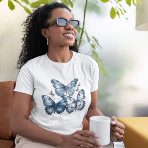 Personalisiertes Trio Blaues Schmetterlings-Namens T-Shirt