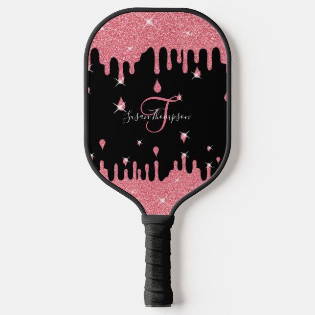 Personalisiertes Tropfen rosa Glitzer Effekt Pickleball Schläger (Vorderseite)