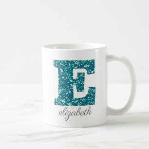 Personalisiertes Türkis Glitter Monogramm E Kaffeetasse