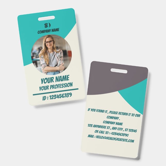 Personalisiertes Türkises Mitarbeiter-ID-Abzeichen Ausweis (Vorder- & Rückseite)
