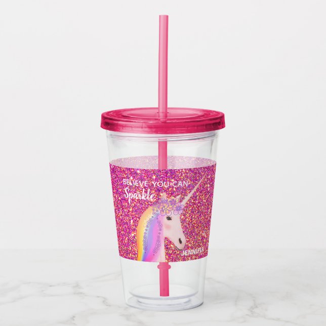 Personalisiertes Unicorn Girly Pink Glitzer Sparka Acryltrinkbecher (Vorderseite)