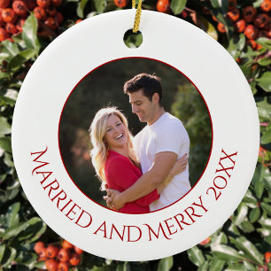 Personalisiertes Verheiratetes und Fröhliches Foto Keramik Ornament