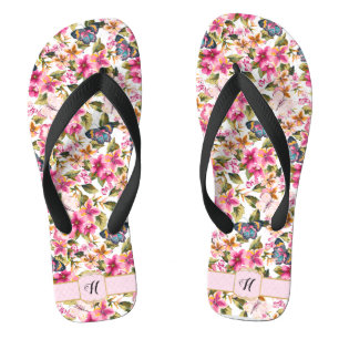 Personalisiertes Vintag rosa Blumenmuster Monogram Flip Flops