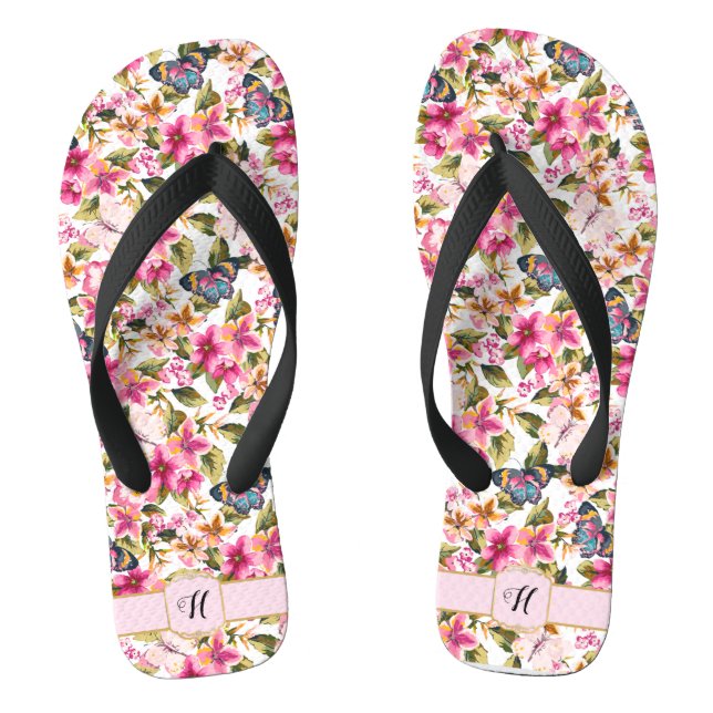 Personalisiertes Vintag rosa Blumenmuster Monogram Flip Flops (Fußbett)
