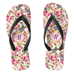 Personalisiertes Vintag rosa Blumenmuster Monogram Flip Flops