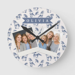 Personalisiertes Vintage Blaues Pferd Klassisches  Runde Wanduhr