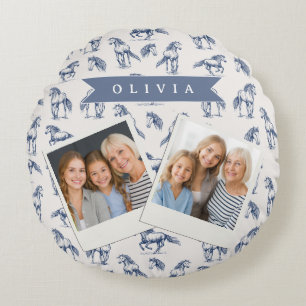Personalisiertes Vintage Blaues Pferd Klassisches Rundes Kissen