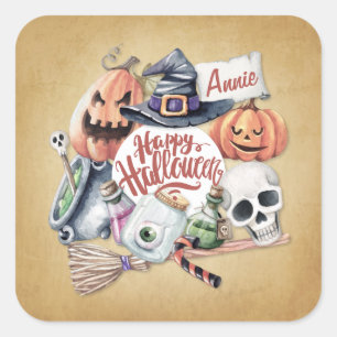 Personalisiertes Vintage Frohes Halloween Aufkle Quadratischer Aufkleber