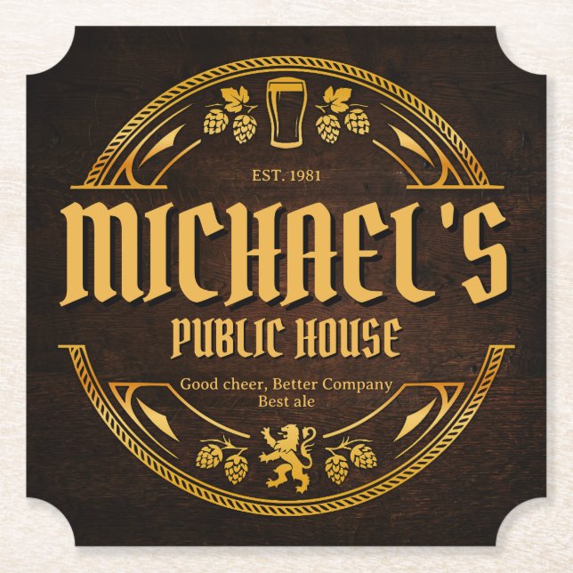 Personalisiertes Vintage-Pub-Schild aus rustikalem Untersetzer (Vorderseite)