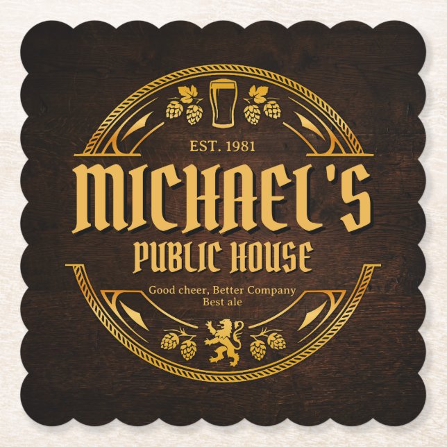 Personalisiertes Vintage-Pub-Schild aus rustikalem Untersetzer (Vorderseite)