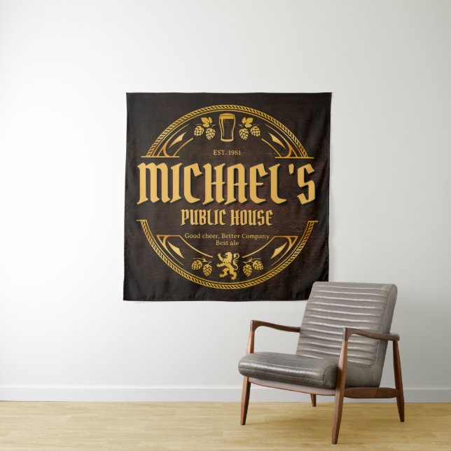 Personalisiertes Vintage-Pub-Schild Rustikaler Hol Wandteppich (Beispiel)
