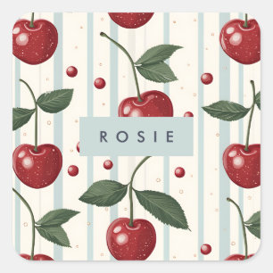 Personalisiertes Vintage Retro Rot Kirschen Muster Quadratischer Aufkleber