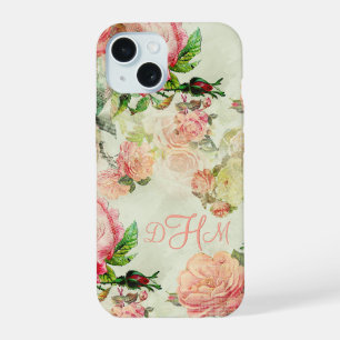 Personalisiertes Vintage-Rosa-Blumenrosenmuster iPhone 15 Hülle