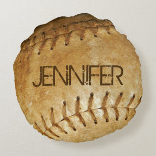 Personalisiertes Vintage-Weiß Softball Weiß Sticke Rundes Kissen