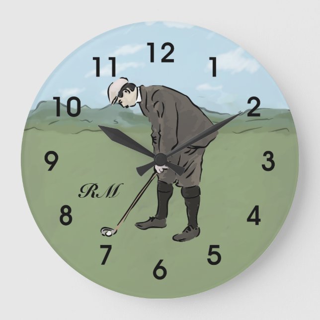 Personalisiertes Vintages Artgolfspielersetzen Große Wanduhr (Vorderseite)