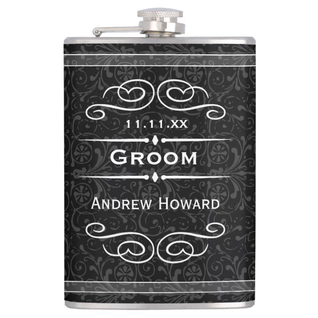 Personalisiertes Vintages Groom-Hochzeitdatum Flachmann (Vorderseite)