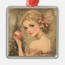 Personalisiertes Vintages Mädchen mit rosa Bauble Ornament Aus Metall