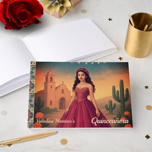 Personalisiertes Vintages Rotes Kleid aus Quinceañ Gästebuch (Personalized Vintage Quinceañera Red Dress Guest Book)
