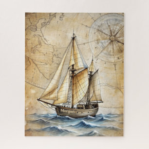 Personalisiertes Vintages Schiff mit antiker Karte Puzzle