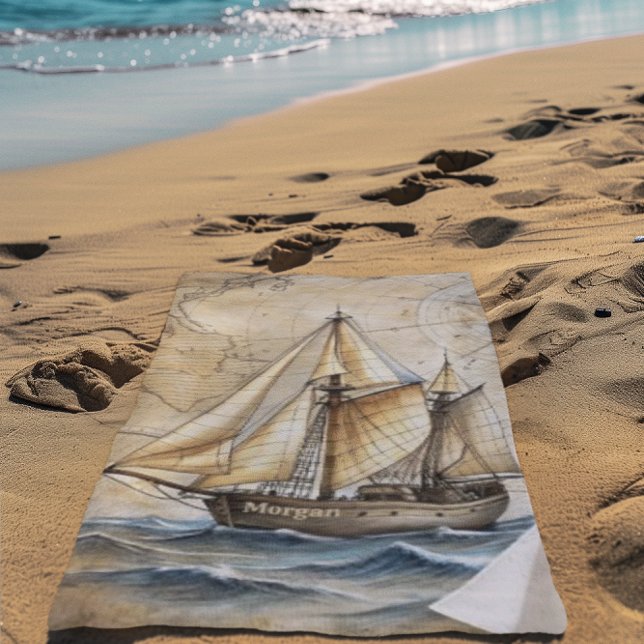 Personalisiertes Vintages Schiff mit antiker Karte Strandtuch (Von Creator hochgeladen)