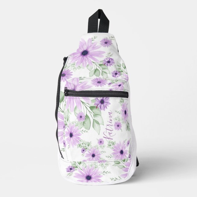 Personalisiertes Violett Grün, Aquarellfarben Blum Crossbody Bag (Vorderseite)