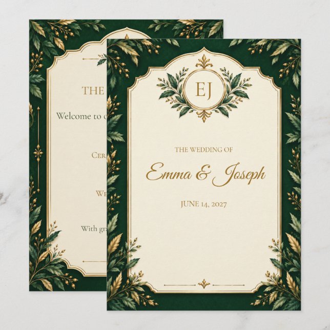 Personalisiertes Waldgrün-Gold-Hochzeitsprogramm Programm (Vorne/Hinten)
