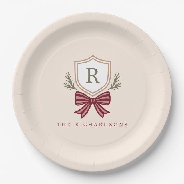 Personalisiertes Wappen Bow Monogram Weihnachts-Pa Pappteller (Vorderseite)
