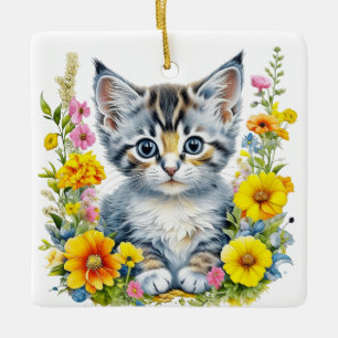 Personalisiertes Wasserfarben-Kätzchen-Blumen-Weih Keramikornament