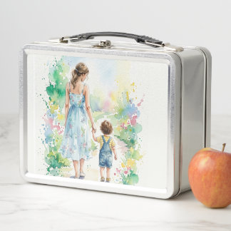 Personalisiertes Wasserfarbenbild von Mutter und S Metall Brotdose