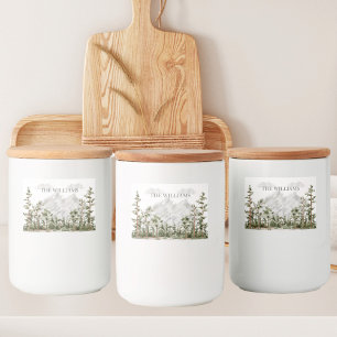 Personalisiertes Wasserfarbengebirge und Wald Lebensmitteletikett