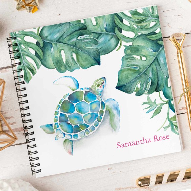 Personalisiertes Wasserfarbenschildkrötenblatt Notizbuch (Tropical watercolor sea turtle personalized notebook art by Victoria Grigaliunas Do Tell A Belle)
