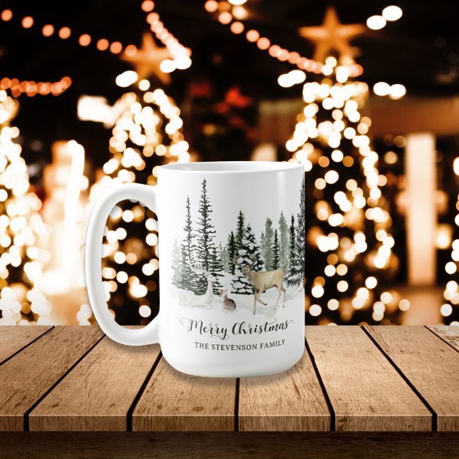 Personalisiertes Watercolor Woodland Frohe Weihnac Kaffeetasse (Personalized Watercolor Woodland Merry Christmas Coffee Mug)