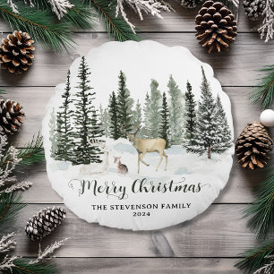 Personalisiertes Watercolor Woodland Frohe Weihnac Rundes Kissen