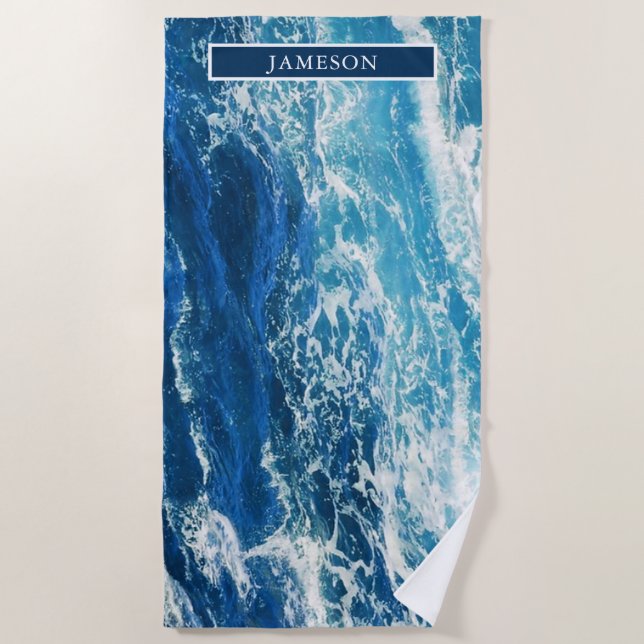 Personalisiertes Wavy Blue Sea Strandtuch (Vorderseite)