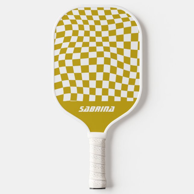 Personalisiertes Wavy Schachbrett | Golden and Whi Pickleball Schläger (Vorderseite)