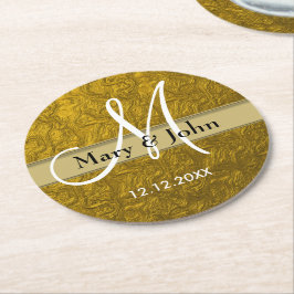Personalisiertes Wedding Monogram Gold Muster Runder Pappuntersetzer