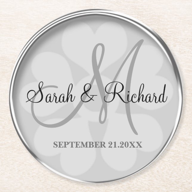 Personalisiertes Wedding Monogram Stilsilber Runder Pappuntersetzer (Vorderseite)