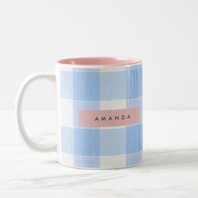 Personalisiertes weiches pastell Himmelblau Gingha Zweifarbige Tasse (Links)